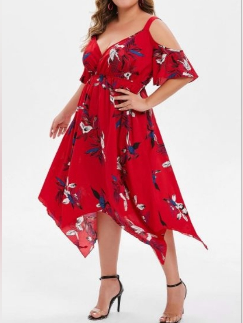 Red Floral Cold-Shoulder Handkerchief Hem Dress